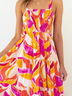 Tatiana Minimalist Printed Tiered Maxi Summer Dress with Ruched Bodice Evening Wear Edit