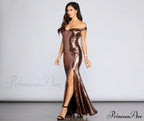 Anika Off The Charming Shoulder Sequin Dress