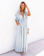 Anika Pocketed Button Down Ruffle Maxi Dress Waterlily