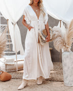Anika Pocketed Button Down Ruffle Maxi Dress Bamboo Cream