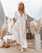 Anika Pocketed Button Down Ruffle Maxi Dress Bamboo Cream