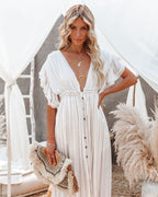 Anika Pocketed Button Down Ruffle Maxi Dress Bamboo Cream