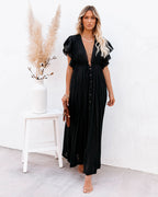 Anika Pocketed Button Down Ruffle Maxi Dress Black