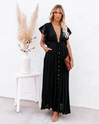 Anika Pocketed Button Down Ruffle Maxi Dress Black