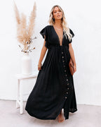 Anika Pocketed Button Down Ruffle Maxi Dress Black