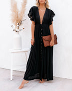 Anika Pocketed Button Down Ruffle Maxi Dress Black