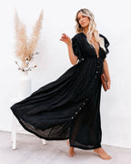 Anika Pocketed Button Down Ruffle Maxi Dress Black