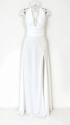 Oriana Chic Maxi Halter Dress V Neck and Slit Designer Edit