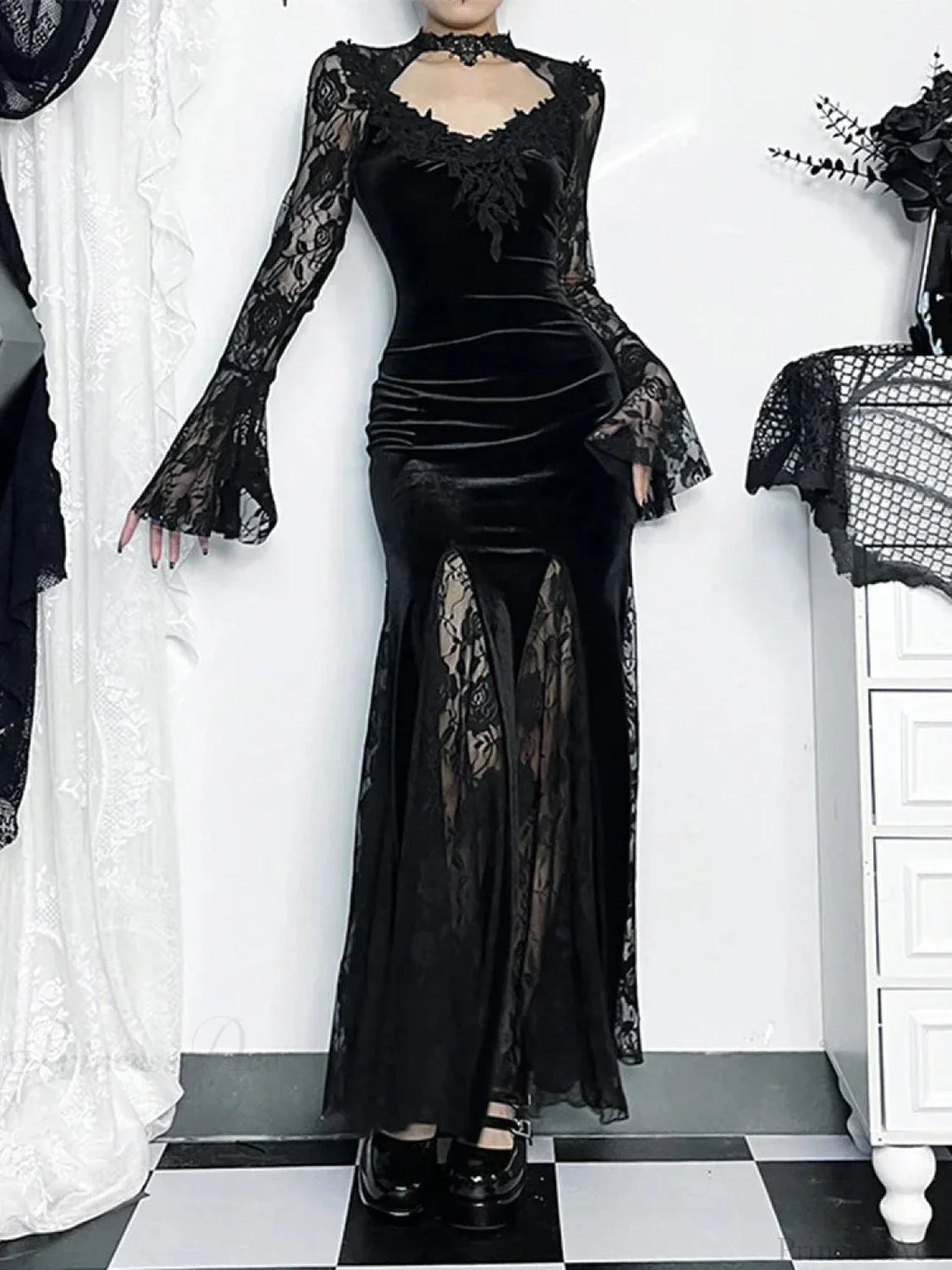 Antique Lace Flare Sleeve Midi Dress