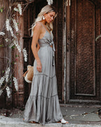 April Rain Pocketed Cutout Maxi Dress Silver Olive
