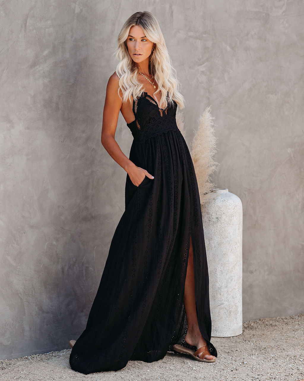 Archer Pocketed Lace Eyelet Maxi Dress Black