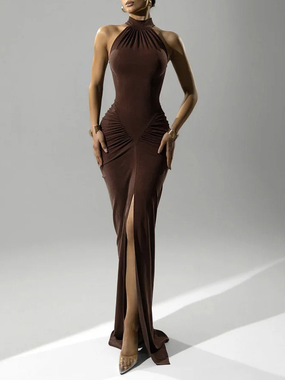 Ariana Halter Ruched Maxi Dress