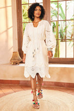Delfina Aesthetic Embroidered Midi Dress with Hemstitch Statement Occasion Edit