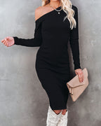 Arielle Off The Shoulder Ribbed Knit Midi Dress FINAL