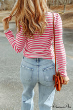 Arm Design Long Textured Pink Knit Striped Tee