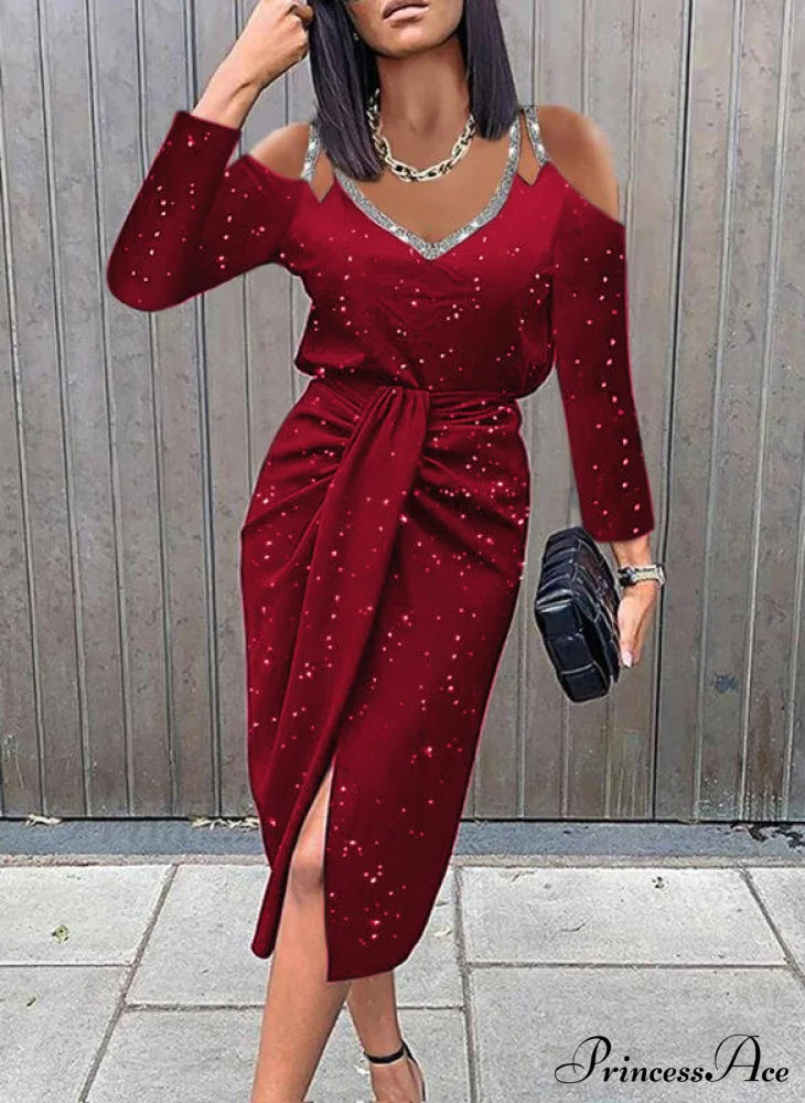 asual V-neck Lace Long Sleeve Elegant Party Dress