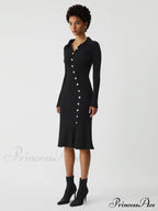 Asymmetric Button Down Long Modern Sleeve Midi Sweater Dress
