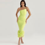 Feather Trim Sleeveless Bodycon Cocktail Midi Dress - Lime Green