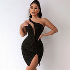 Mesh Panel Side Split One Shoulder Bodycon Mini Dress -