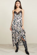 Asymmetric Paisley Lacy Spaghetti Strap French Slip Dress - Black