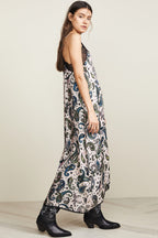 Asymmetric Paisley Lacy Spaghetti Strap French Slip Dress - Black