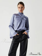 Asymmetric Pleated Graceful Turtleneck Satin Shirt