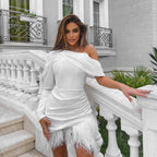 Puff Sleeve One Shoulder Feather Corset Mini Dress - White