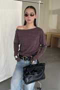 Asymmetric Shoulder Striped Color Block Reversible Long Sleeve Tee