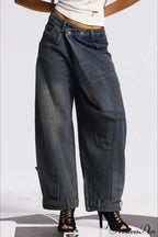 Asymmetric Waist Washed Low Waist Flare Wide Leg Jeans