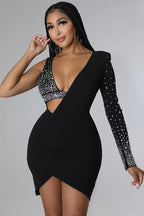 Asymmetrical Crystal Bra Long Sleeve Cutout Bodycon Party Mini Dress - Black