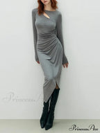 Asymmetrical Draped Cutout Crew Neck Classic Long Sleeve Midi Knit Dress
