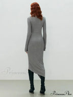 Asymmetrical Draped Cutout Crew Neck Classic Long Sleeve Midi Knit Dress
