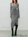 Asymmetrical Draped Cutout Crew Neck Classic Long Sleeve Midi Knit Dress