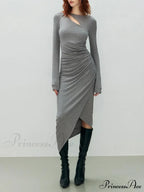 Asymmetrical Draped Cutout Crew Neck Classic Long Sleeve Midi Knit Dress