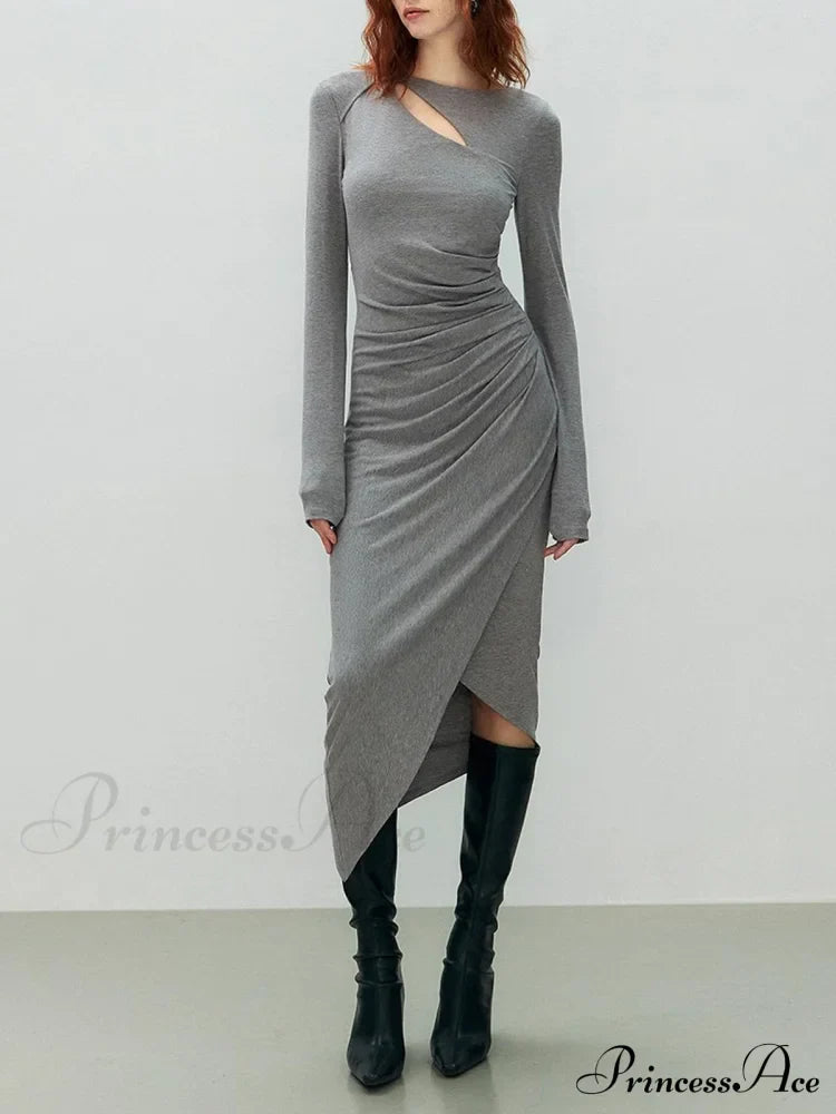 Asymmetrical Draped Cutout Crew Neck Classic Long Sleeve Midi Knit Dress