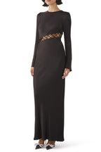 Asymmetrical Lace Up Bell Sleeve Silky Satin Fishtail Evening Maxi Dress - Black