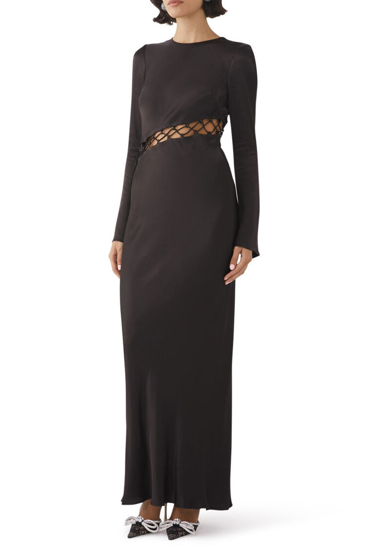 Asymmetrical Lace Up Bell Sleeve Silky Satin Fishtail Evening Maxi Dress - Black