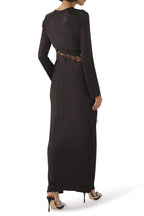 Asymmetrical Lace Up Bell Sleeve Silky Satin Fishtail Evening Maxi Dress - Black