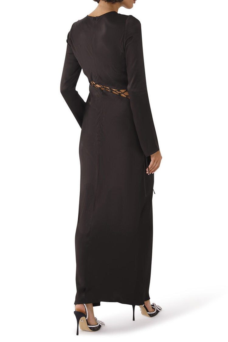 Asymmetrical Lace Up Bell Sleeve Silky Satin Fishtail Evening Maxi Dress - Black