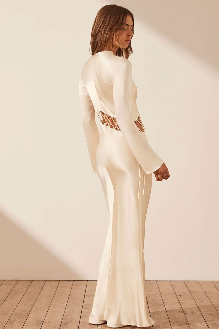 Asymmetrical Lace Up Bell Sleeve Silky Satin Fishtail Evening Maxi Dress - Cream