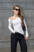 Asymmetrical Off-Shoulder Button Slim Long Sleeve Tee