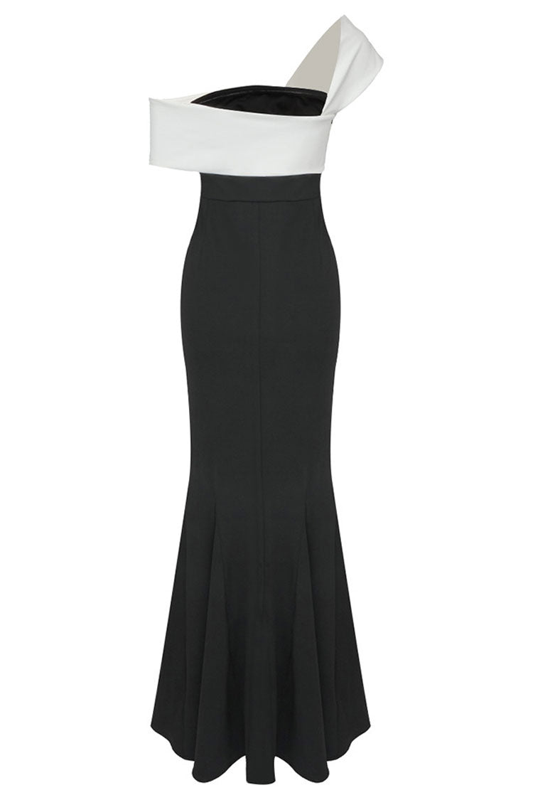 Asymmetrical One Shoulder Contrast Twist Neck Fishtail Evening Maxi Dress - Black