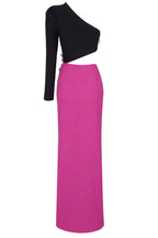 Asymmetrical One Shoulder Cutout Flower Applique Split Formal Maxi Dress - Hot Pink