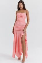 Asymmetrical Ruched Strapless Bodycon Drop Waist High Split Cocktail Dress - Pink