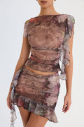 Asymmetrical Ruffle Floral Printed Ruched Mesh Mini Two Piece Dress - Brown