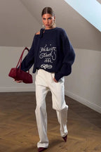 Asymmetrical Shoulder Letter Pattern Solid Sweater
