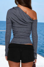 Asymmetrical Shoulder Striped Long Sleeve Tee