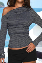 Asymmetrical Shoulder Striped Long Sleeve Tee