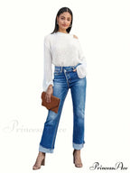Asymmetrical Waist Casual Straight Loose Fit Rolled Hem Denim Jean
