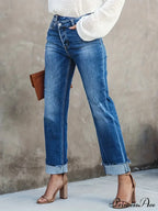 Asymmetrical Waist Casual Straight Loose Fit Rolled Hem Denim Jean
